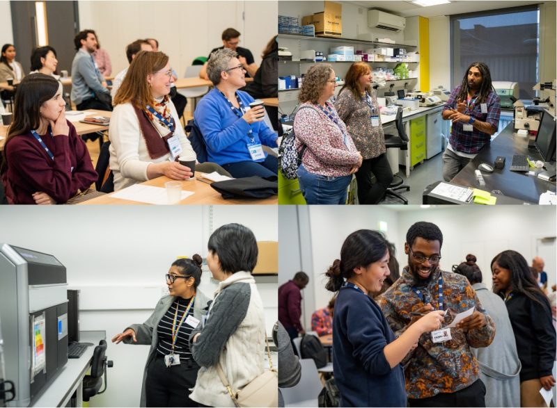 top left - 3 women engaged in a talk
top right - 2 people enjoying a talk by a man by equipment
bottom left - two women looking at a piece of equipment
bottom right - 2 people talking and laughing